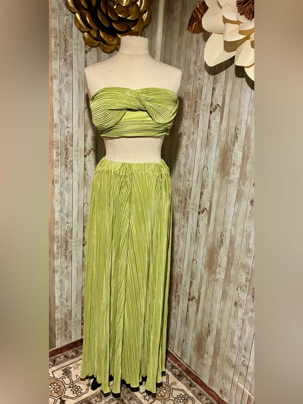 2 piece Lime Green Pleated Maxi Skirt with bandeau top